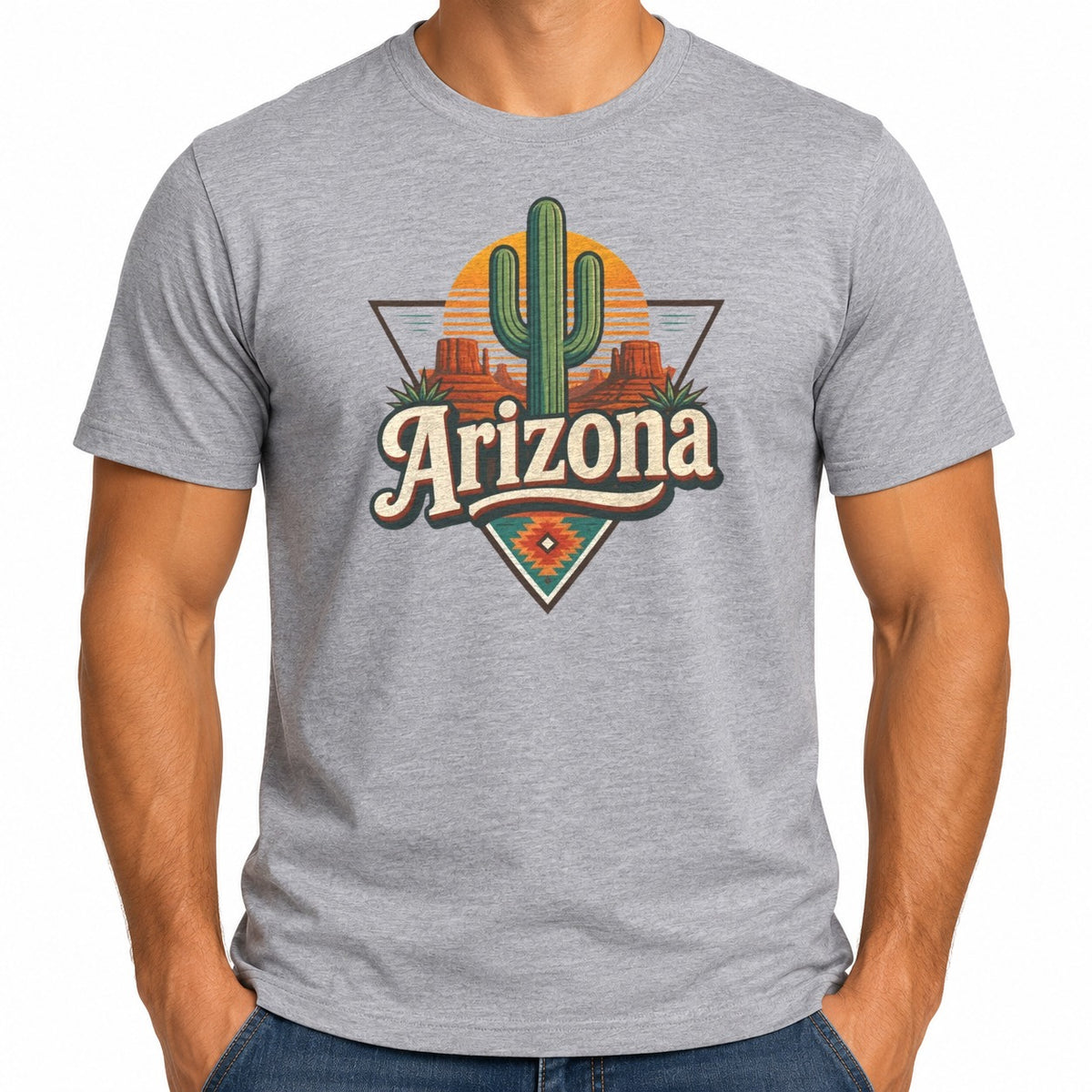 Man wearing the Vintage Arizona Saguaro Sunset T-Shirt