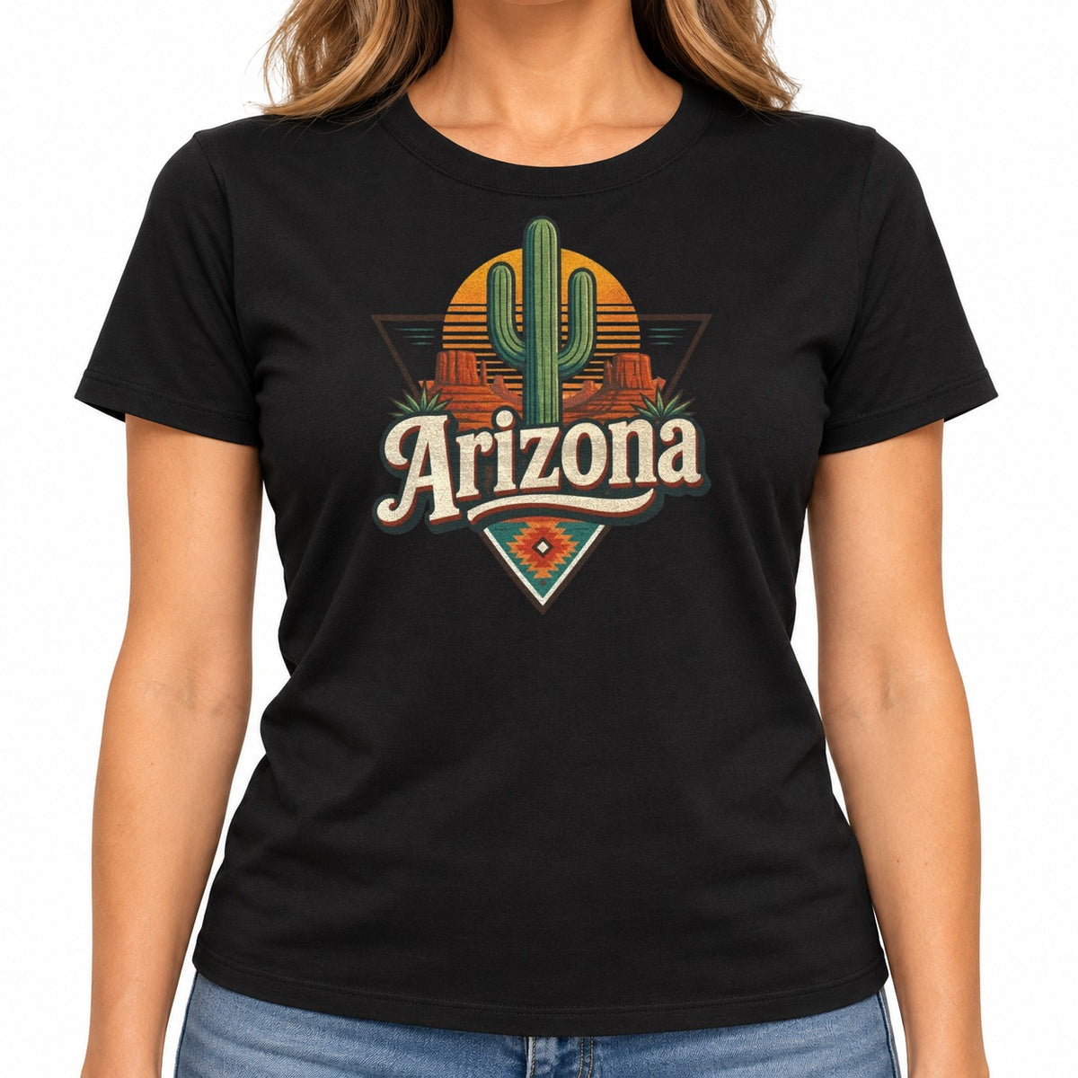 Woman wearing the Vintage Arizona Saguaro Sunset T-Shirt