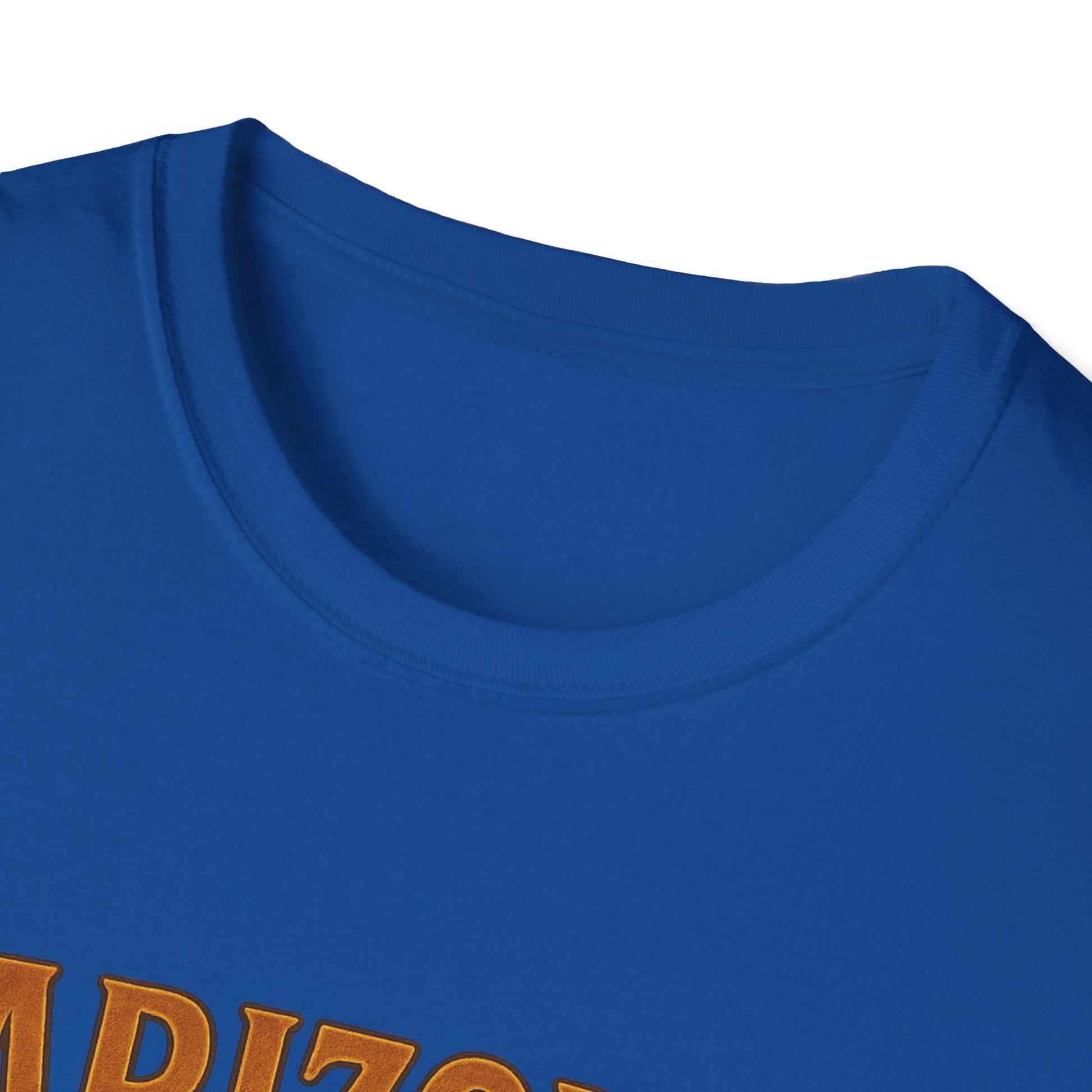 Close-up of Arizona graphic t-shirt collar showcasing softstyle fabric and vibrant blue color.