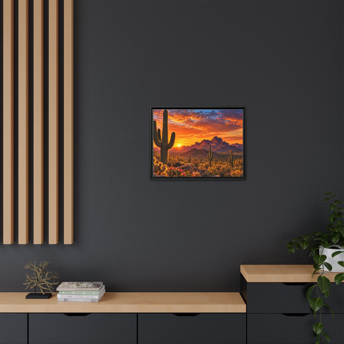 Arizona desert sunset framed canvas print with saguaro cactus and red mountains
