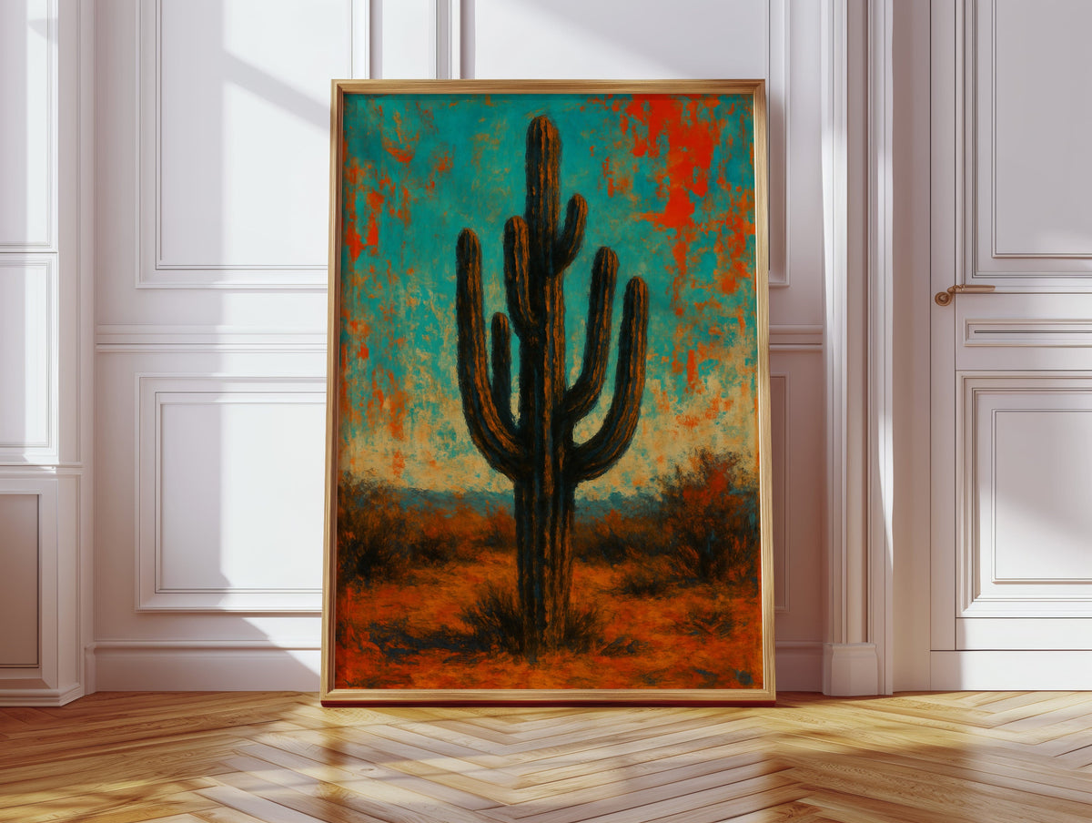 Lone Saguaro abstract cactus painting under turquoise and crimson sky, view 9