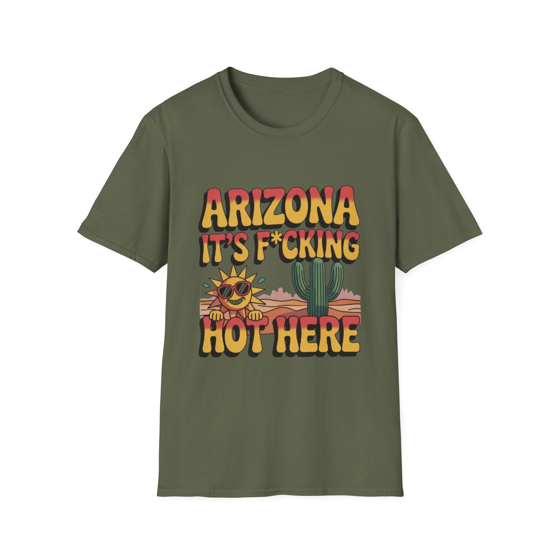 Arizona It's F*cking Hot Here Unisex Softstyle T-Shirt, Summer Vibes Tee, Funny Gifts, Casual Wear, Vacation Shirt, Desert Humor Tee