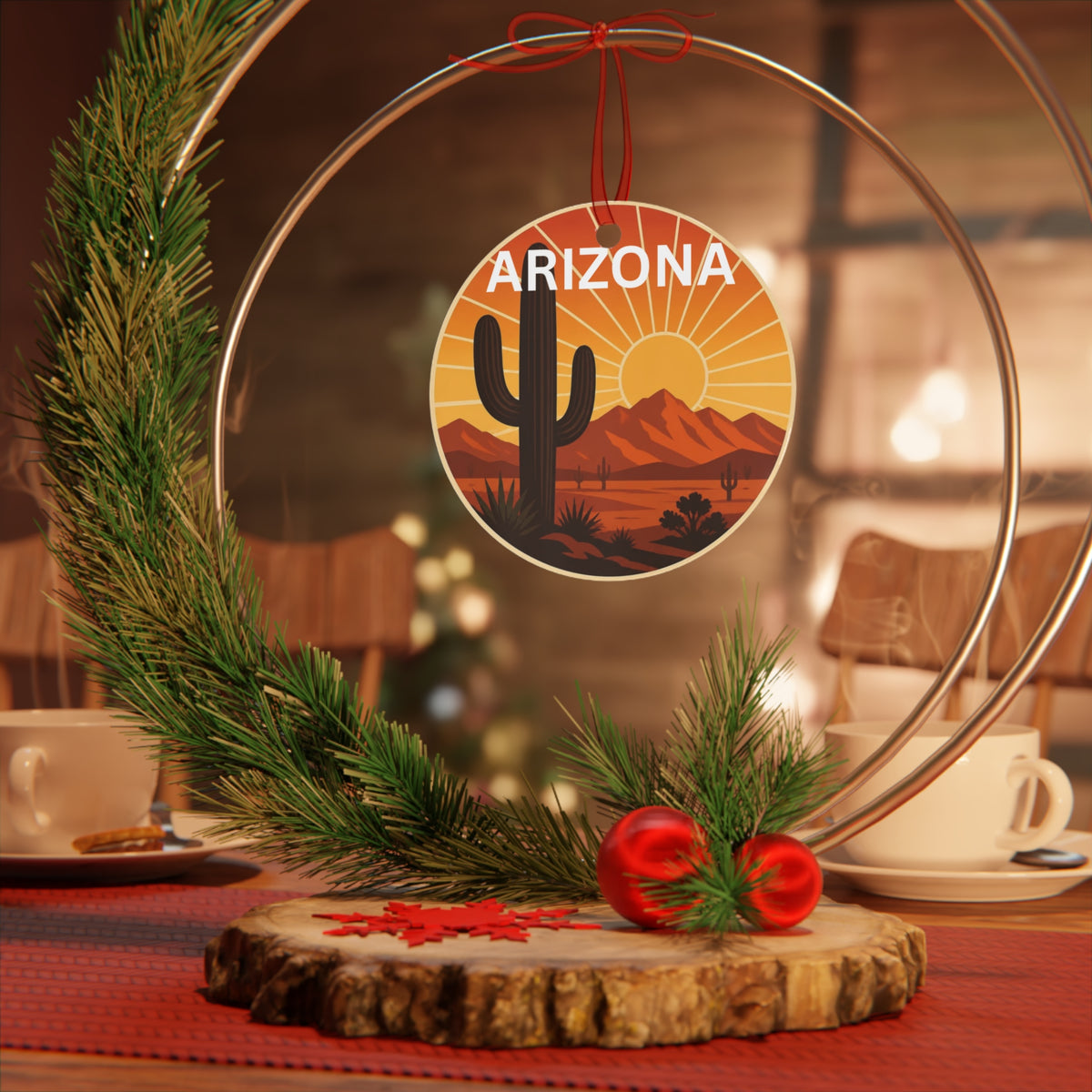 Arizona Desert Sunset Metal Ornament — Cactus Scenic Holiday Decoration — lifestyle view