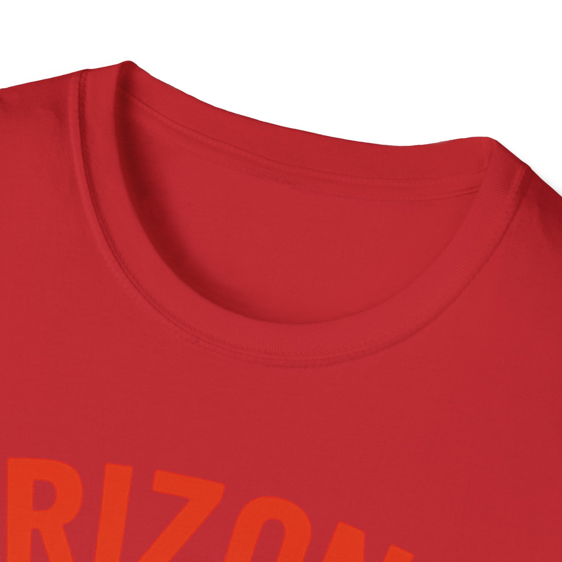 Close-up of Arizona Flip-Flop Summer T-Shirt in red with crew neckline, showcasing casual style for beach days.