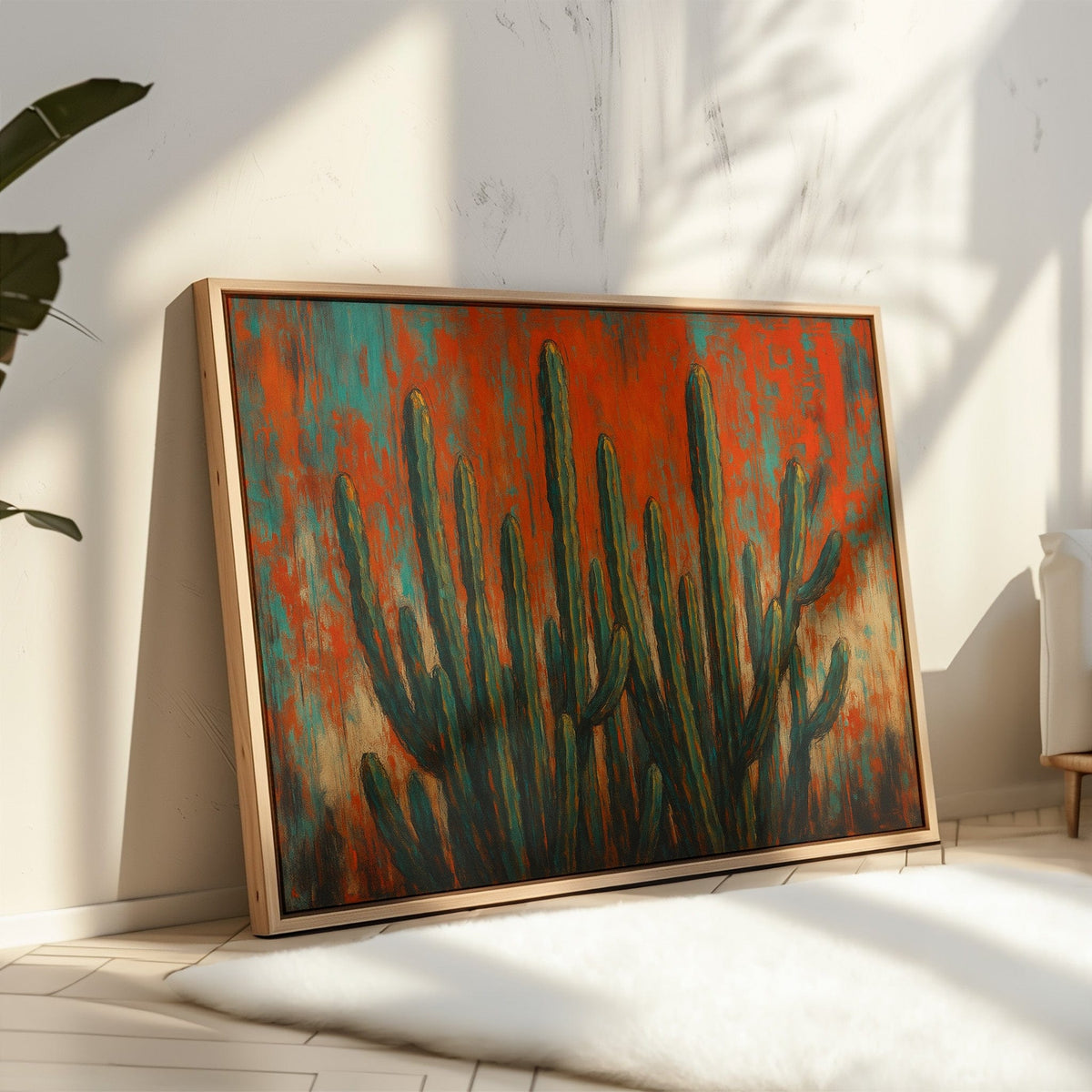 Southwest Blaze abstract cactus painting in orange and turquoise, view 5