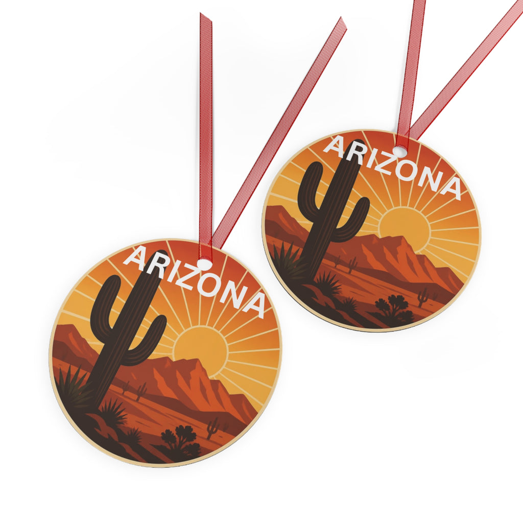 Arizona Desert Sunset Metal Ornament — Cactus Scenic Holiday Decoration — front view