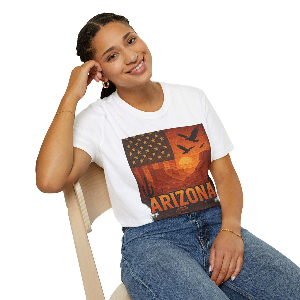 Model wearing Arizona Sunset Unisex Softstyle T-Shirt with vintage graphic and casual style.