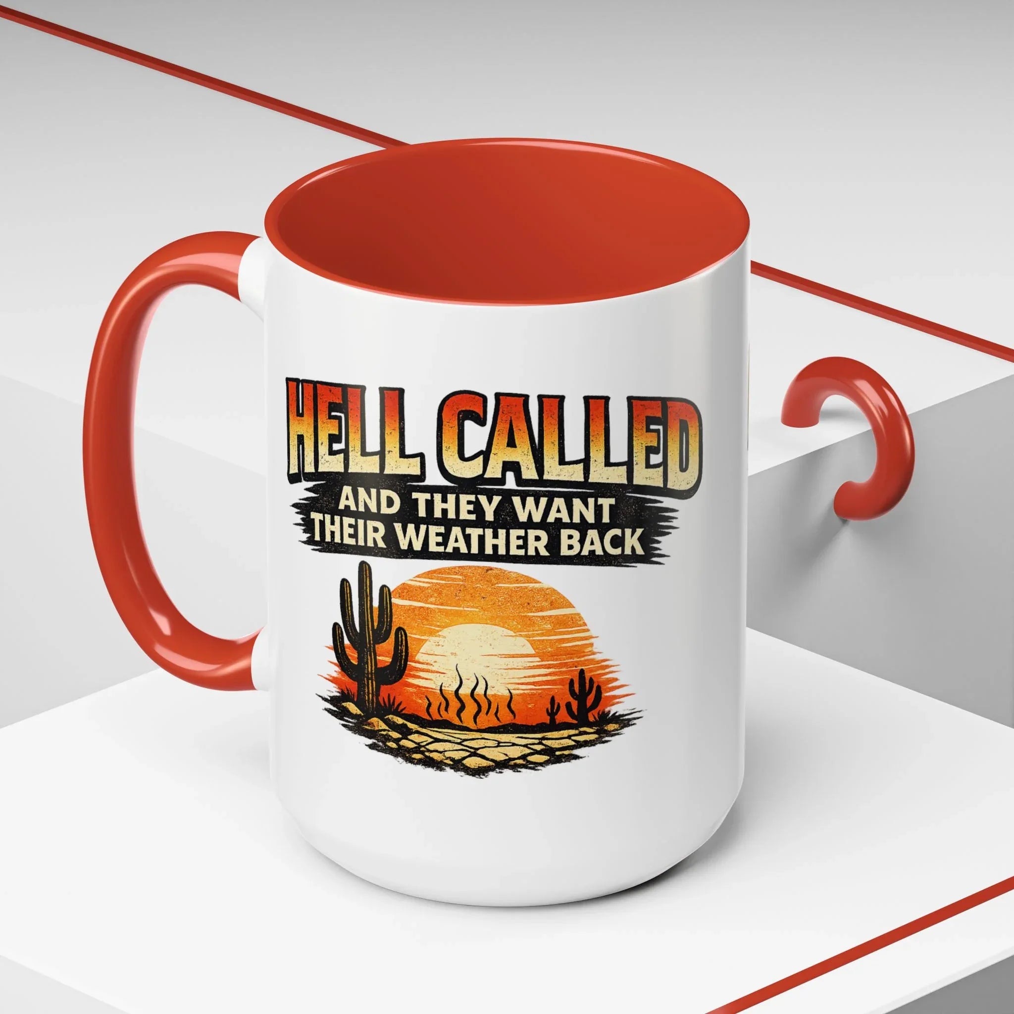 Accent Coffee Mug — "Hell Called and They Want Their Weather Back" Desert Sunset — detail view