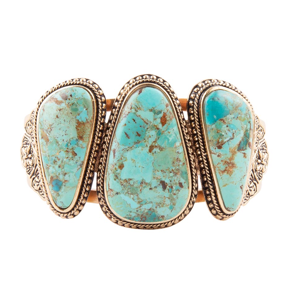 Trio turquoise stone golden bronze cuff bracelet, view 3