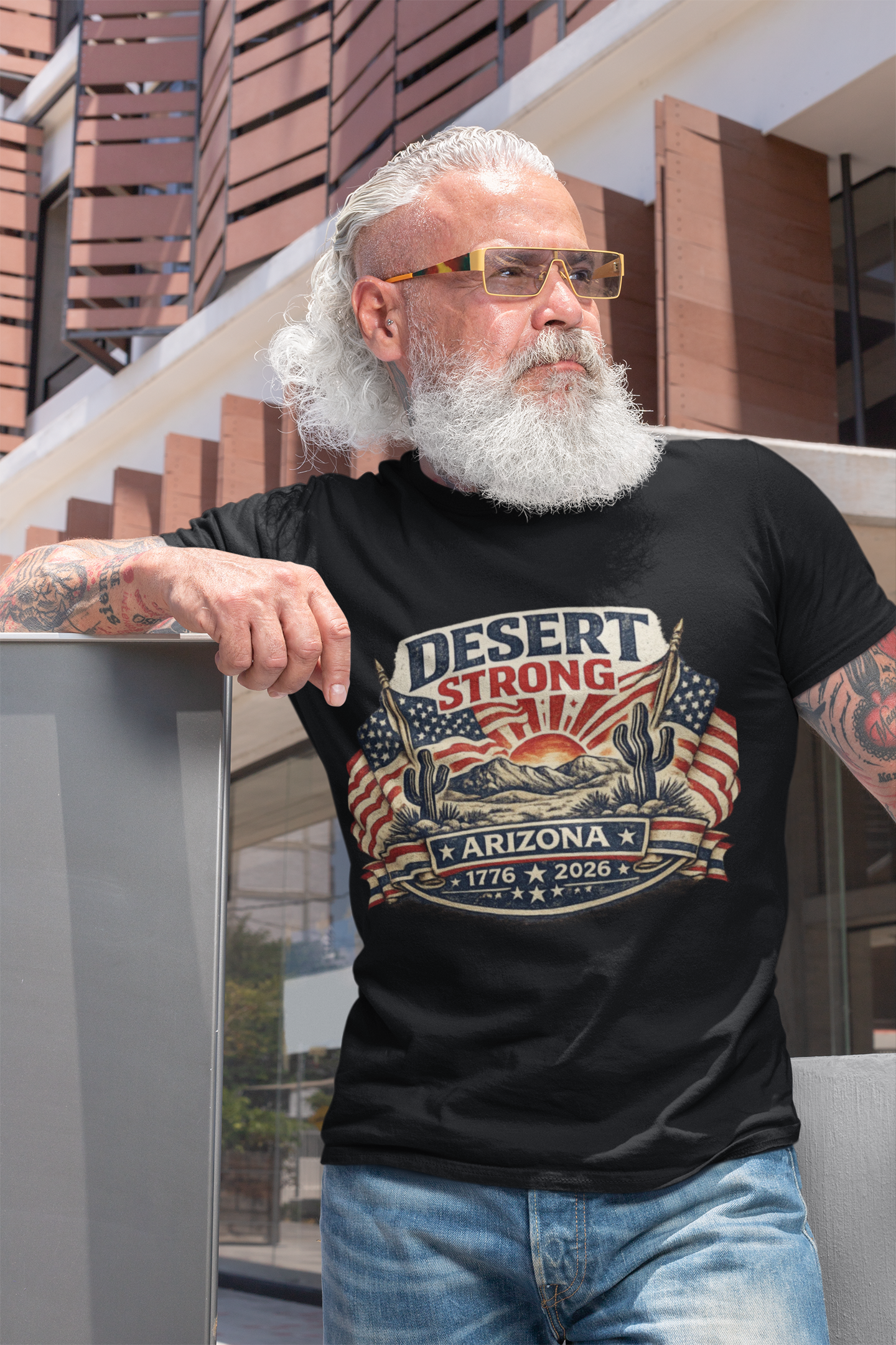 Desert Strong Arizona Tee — Patriotic Flag & Cactus Vintage Graphic Shirt — side view