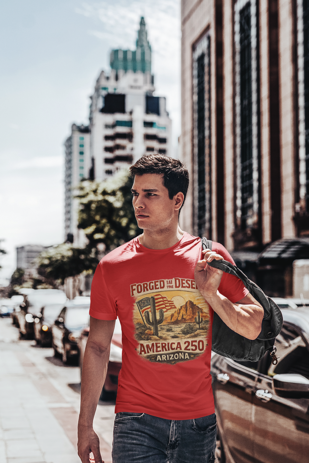 Forged in the Desert Arizona Tee — America 250 Vintage Desert Graphic T-Shirt — lifestyle view
