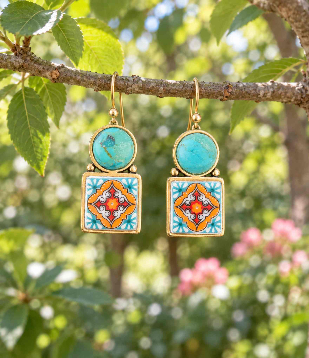 Talavera tile turquoise drop earrings in golden bronze, view 3