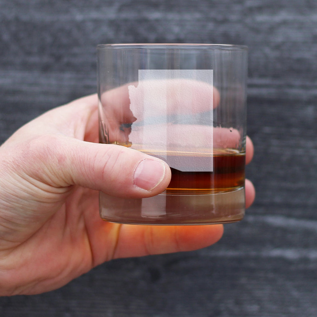 Arizona state outline etched whiskey rocks glass, view 4
