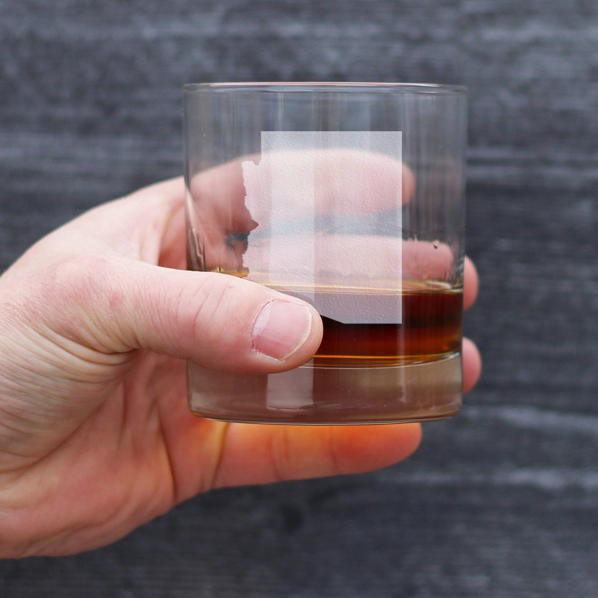 Arizona state outline etched whiskey rocks glass, view 4