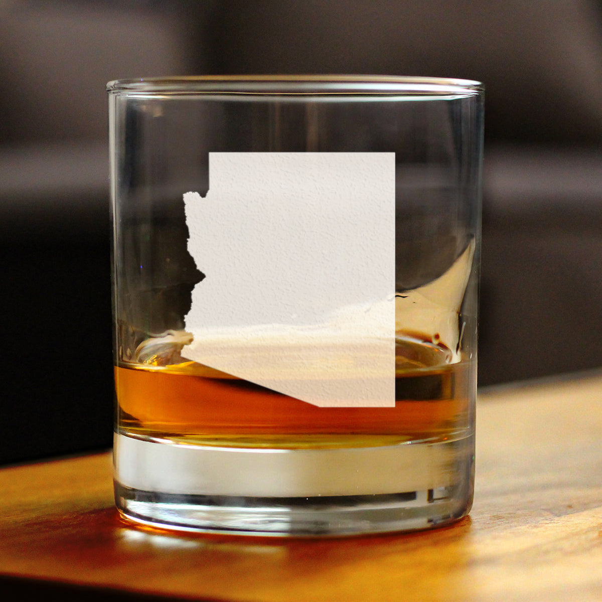 Arizona state outline etched whiskey rocks glass, view 2