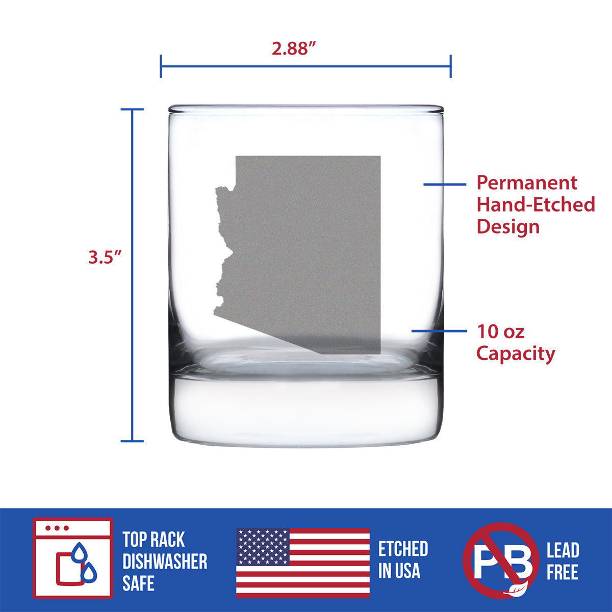 Arizona state outline etched whiskey rocks glass, view 5