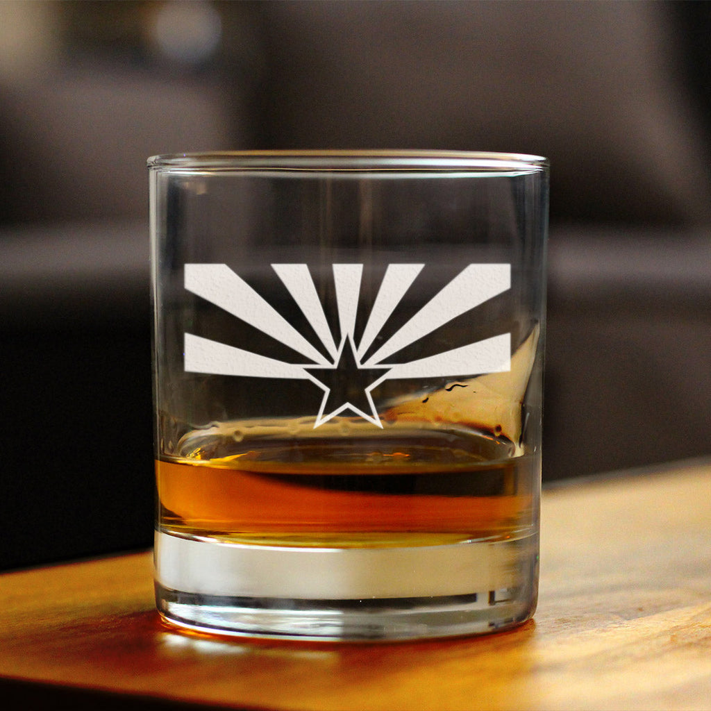 Arizona flag etched whiskey rocks glass, view 2