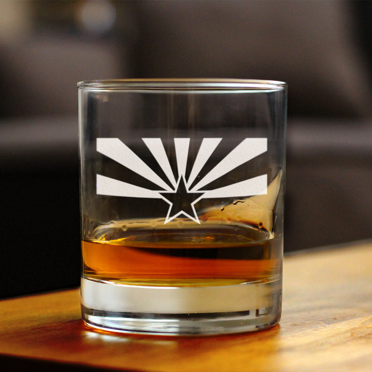 Arizona flag etched whiskey rocks glass, view 2