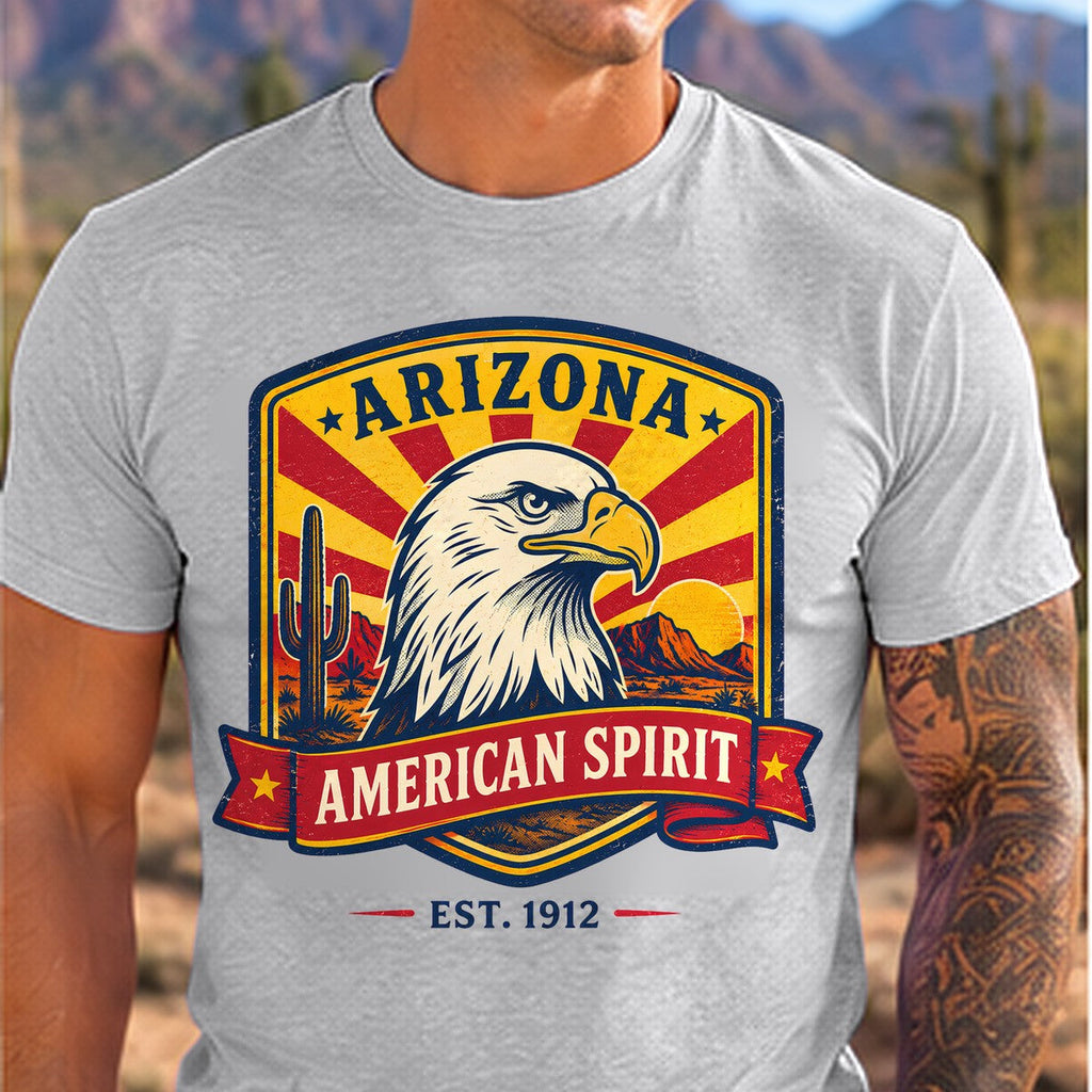 American Spirit Eagle Arizona T-shirt worn by a man in the Arizona desert