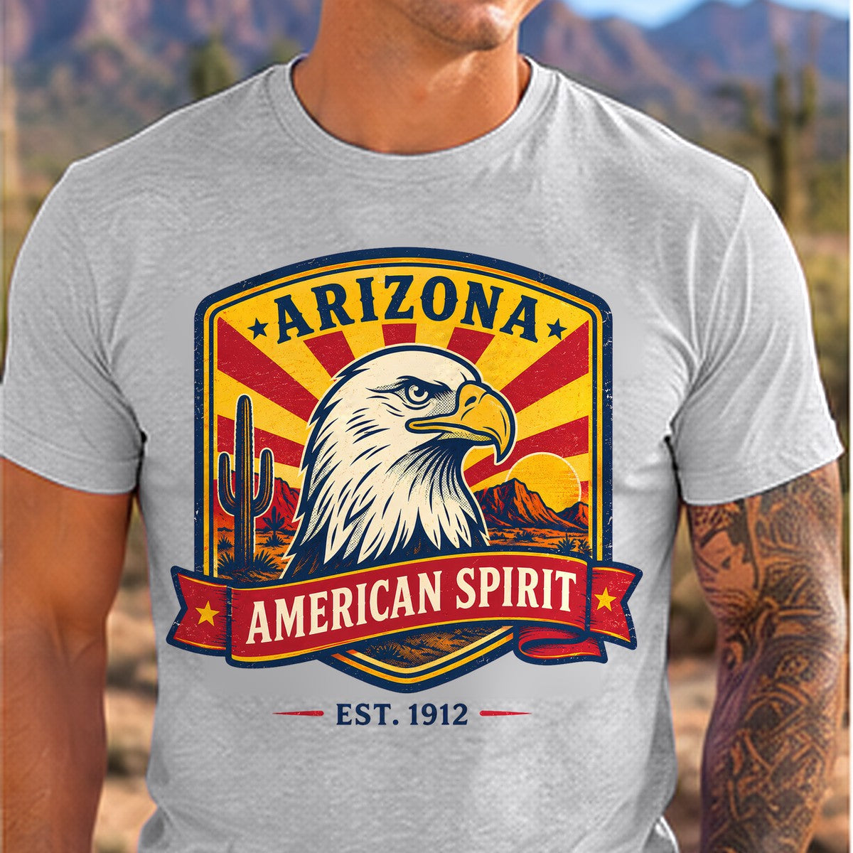 American Spirit Eagle Arizona T-shirt worn by a man in the Arizona desert