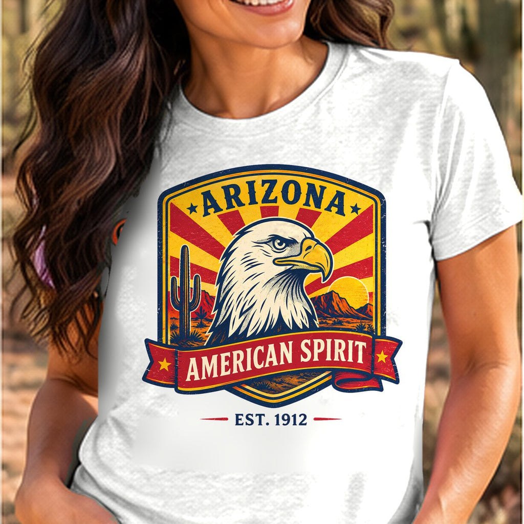 American Spirit Eagle Arizona T-shirt worn by a woman in the Arizona desert