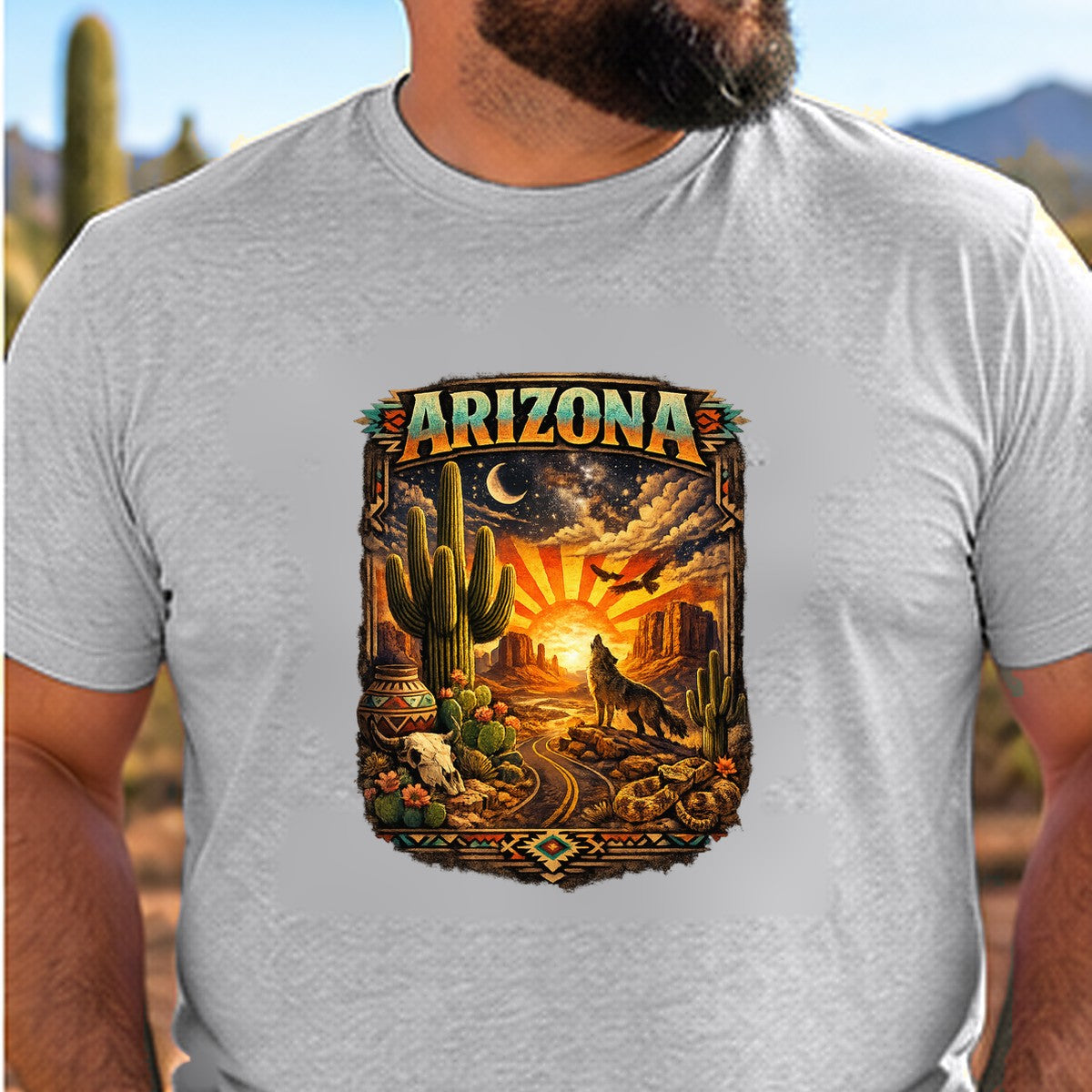 Arizona Desert Sunset Arizona T-shirt worn by a man in the Arizona desert