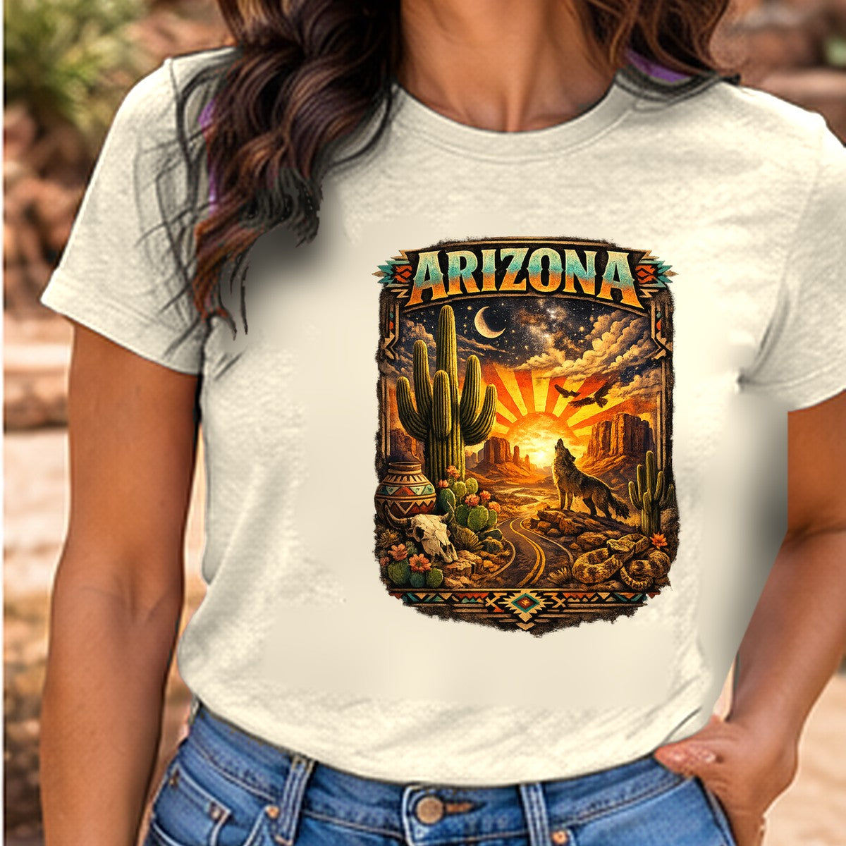 Arizona Desert Sunset Arizona T-shirt worn by a woman in the Arizona desert