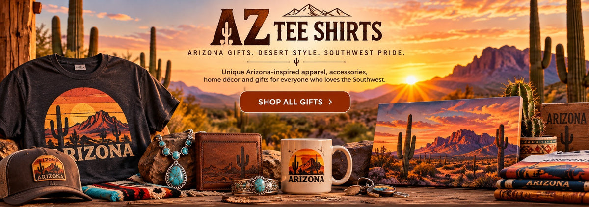 AZ Tee Shirts Arizona gifts: tees, turquoise jewelry, leather wallets, mugs and wall art at desert sunset