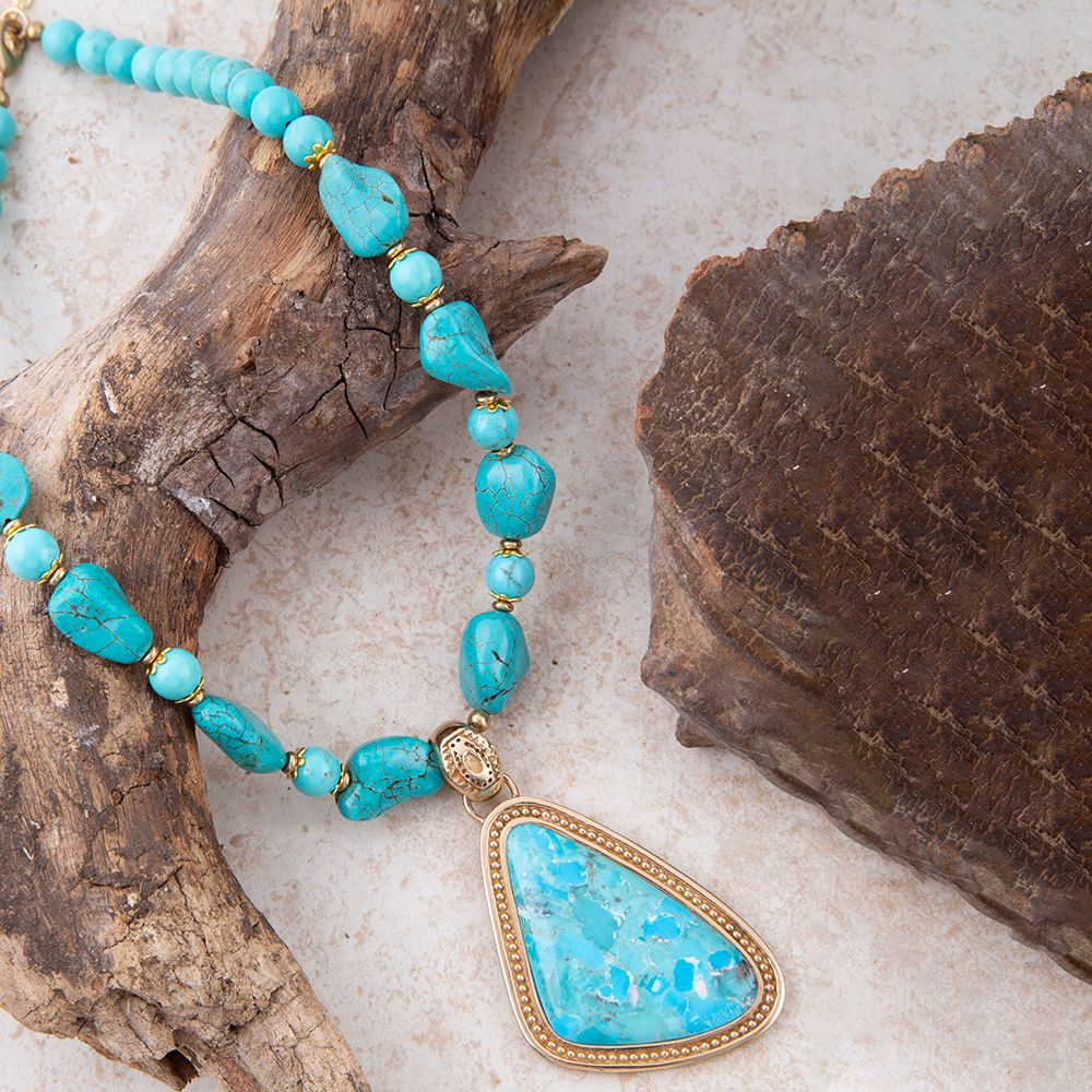 Blue turquoise triangle pendant necklace with turquoise beads, view 3