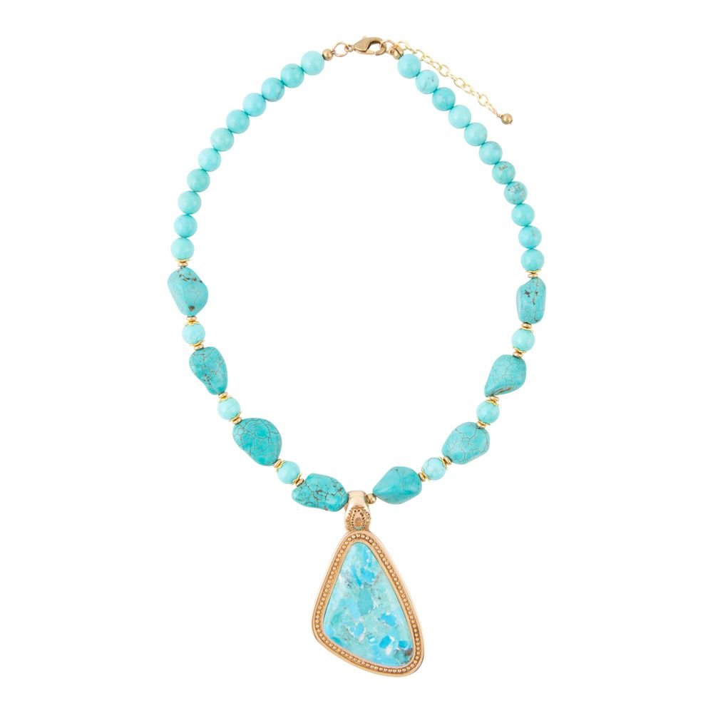 Blue turquoise triangle pendant necklace with turquoise beads, view 4