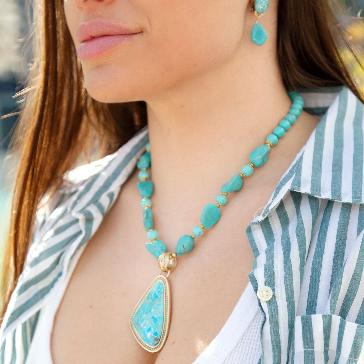 Blue turquoise triangle pendant necklace with turquoise beads, view 2