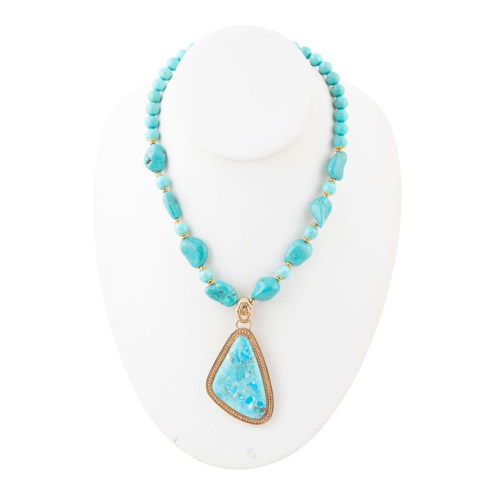 Blue turquoise triangle pendant necklace with turquoise beads, view 6