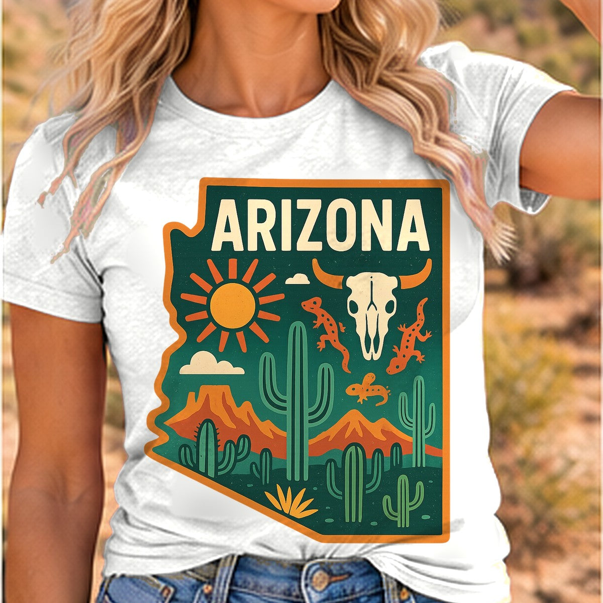 Cactus Skull Sunset Arizona T-shirt worn by a woman in the Arizona desert