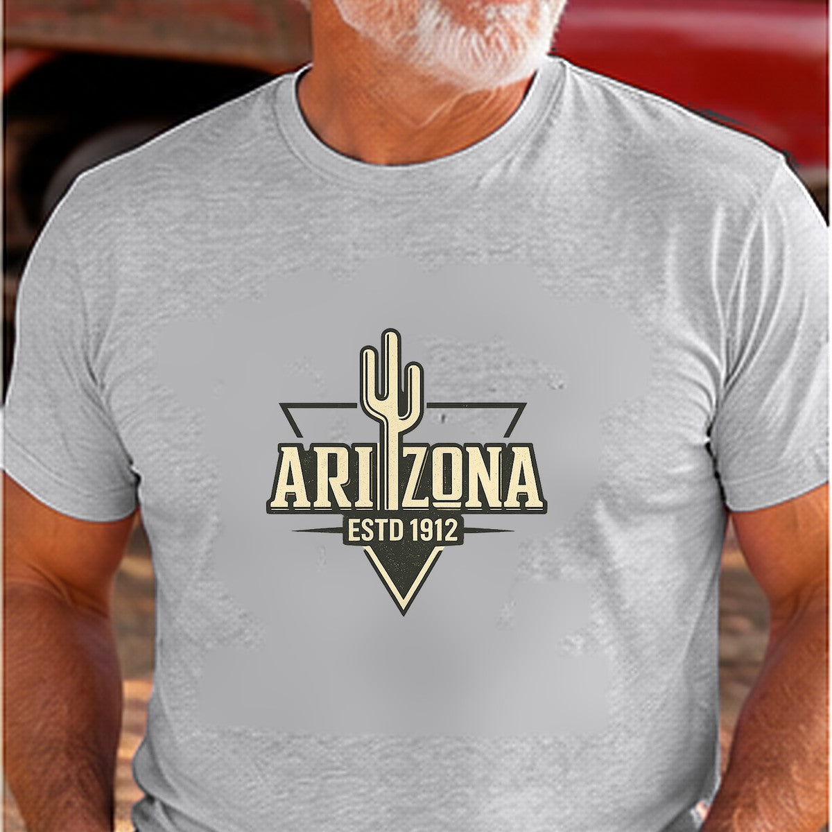 Cactus Vintage Logo Arizona T-shirt worn by a man in the Arizona desert