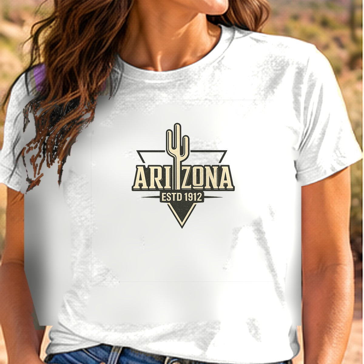 Cactus Vintage Logo Arizona T-shirt worn by a woman in the Arizona desert