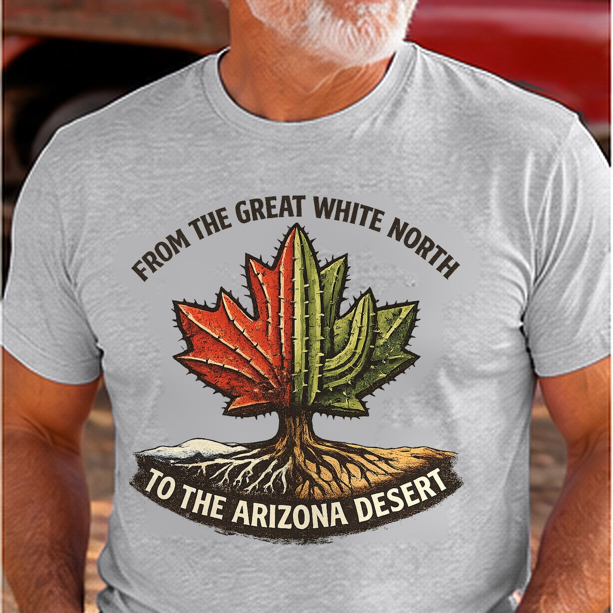 Canada to Arizona Arizona T-shirt worn by a man in the Arizona desert