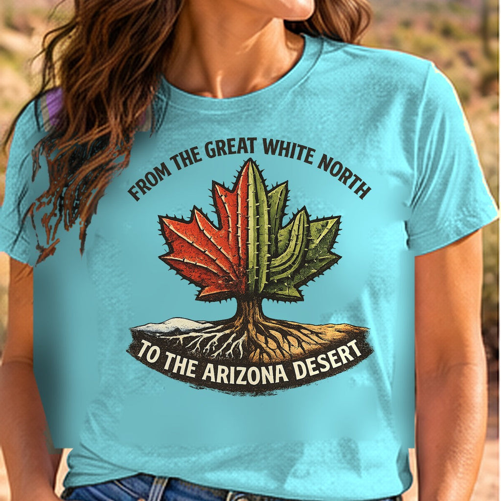 Canada to Arizona Arizona T-shirt worn by a woman in the Arizona desert