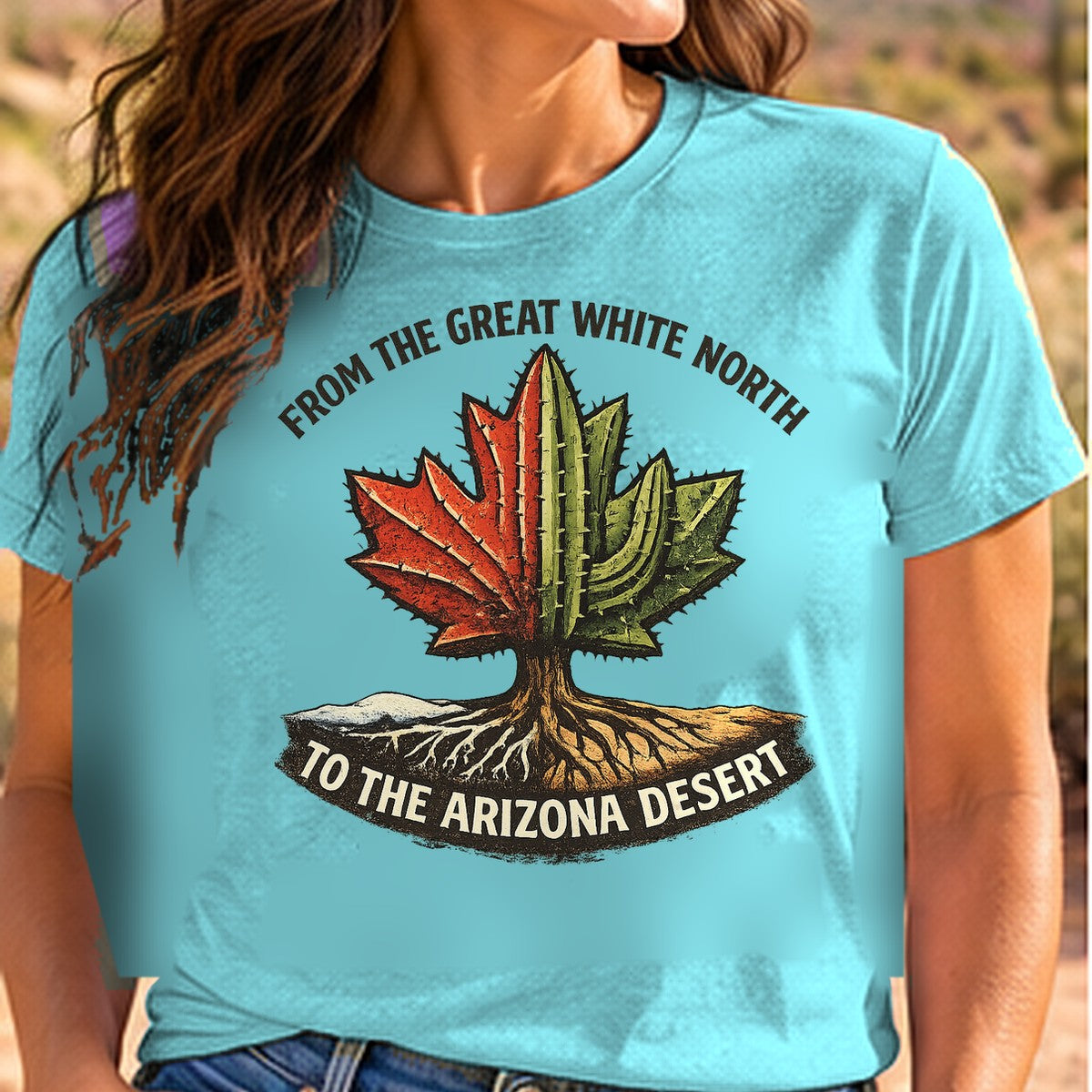 Canada to Arizona Arizona T-shirt worn by a woman in the Arizona desert