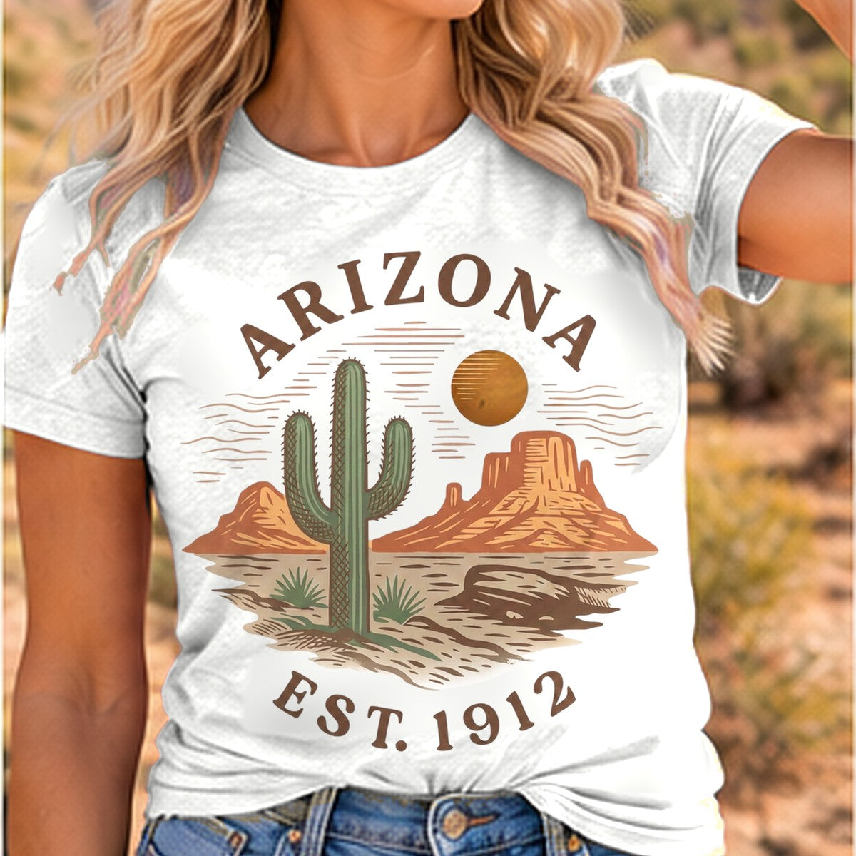 Desert Graphic Est 1912 Arizona T-shirt worn by a woman in the Arizona desert