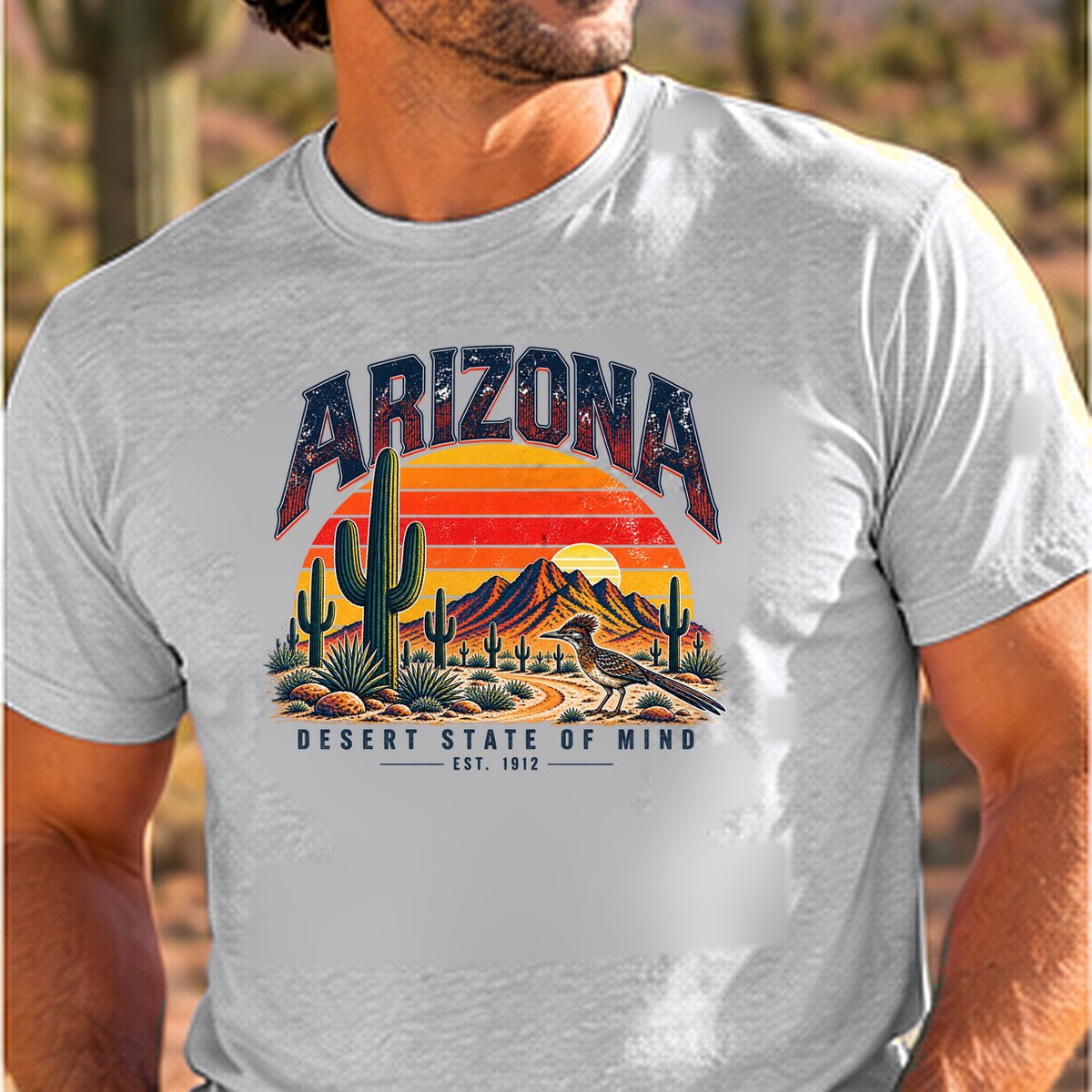Desert State of Mind Arizona T-shirt worn by a man in the Arizona desert