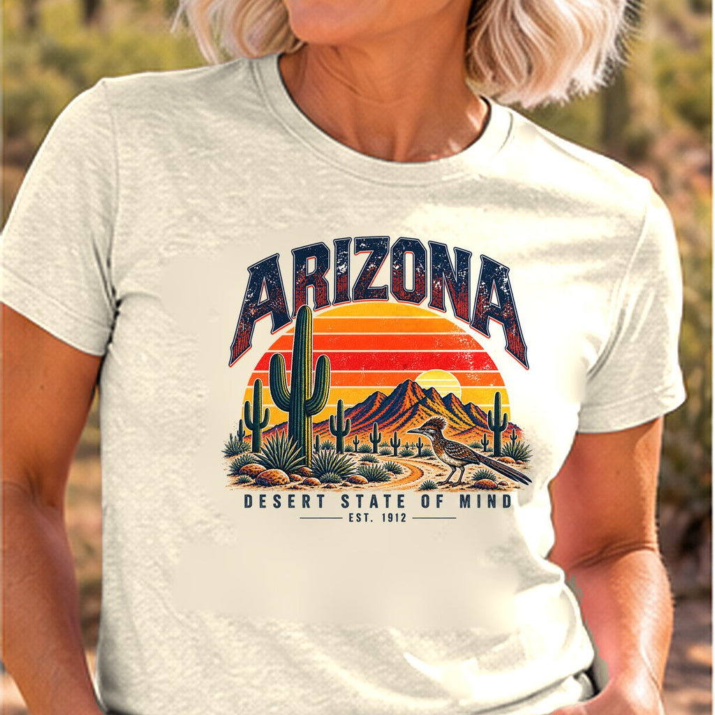Desert State of Mind Arizona T-shirt worn by a woman in the Arizona desert