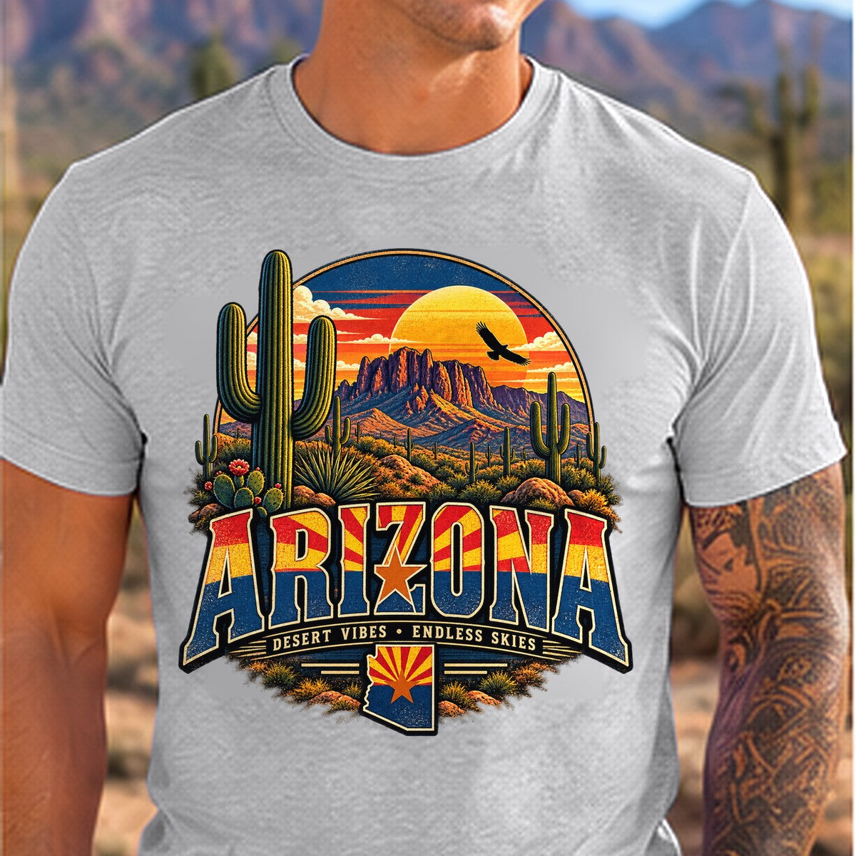 Desert Vibes Arizona T-shirt worn by a man in the Arizona desert