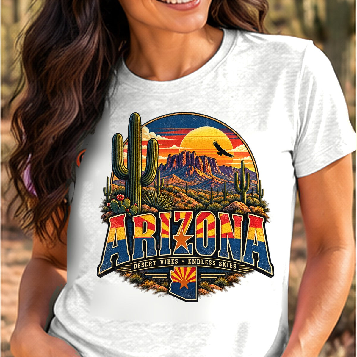 Desert Vibes Arizona T-shirt worn by a woman in the Arizona desert