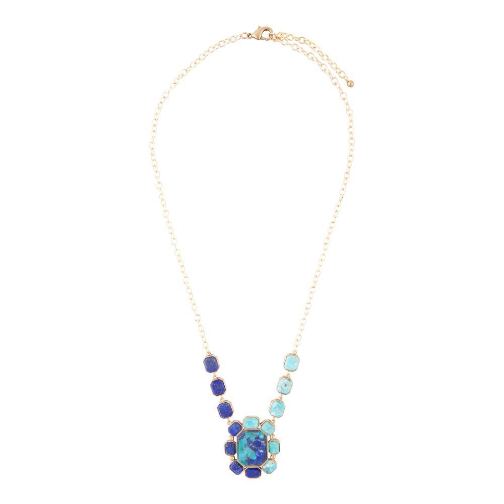 Duality blue lapis and turquoise golden pendant necklace, view 4