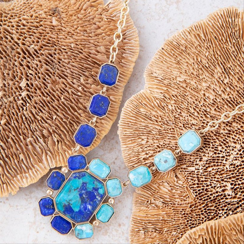 Duality blue lapis and turquoise golden pendant necklace, view 3