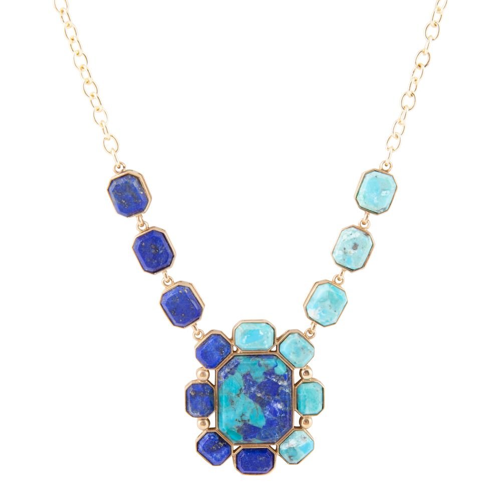 Duality blue lapis and turquoise golden pendant necklace