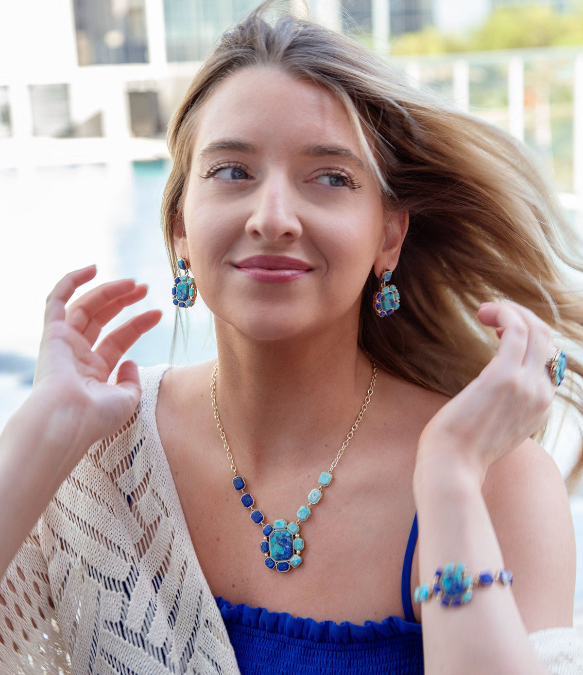 Duality blue lapis and turquoise golden pendant necklace, view 2