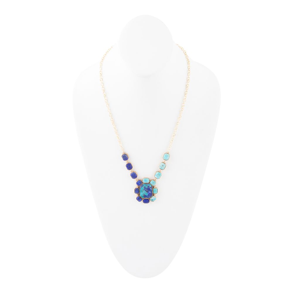 Duality blue lapis and turquoise golden pendant necklace, view 5
