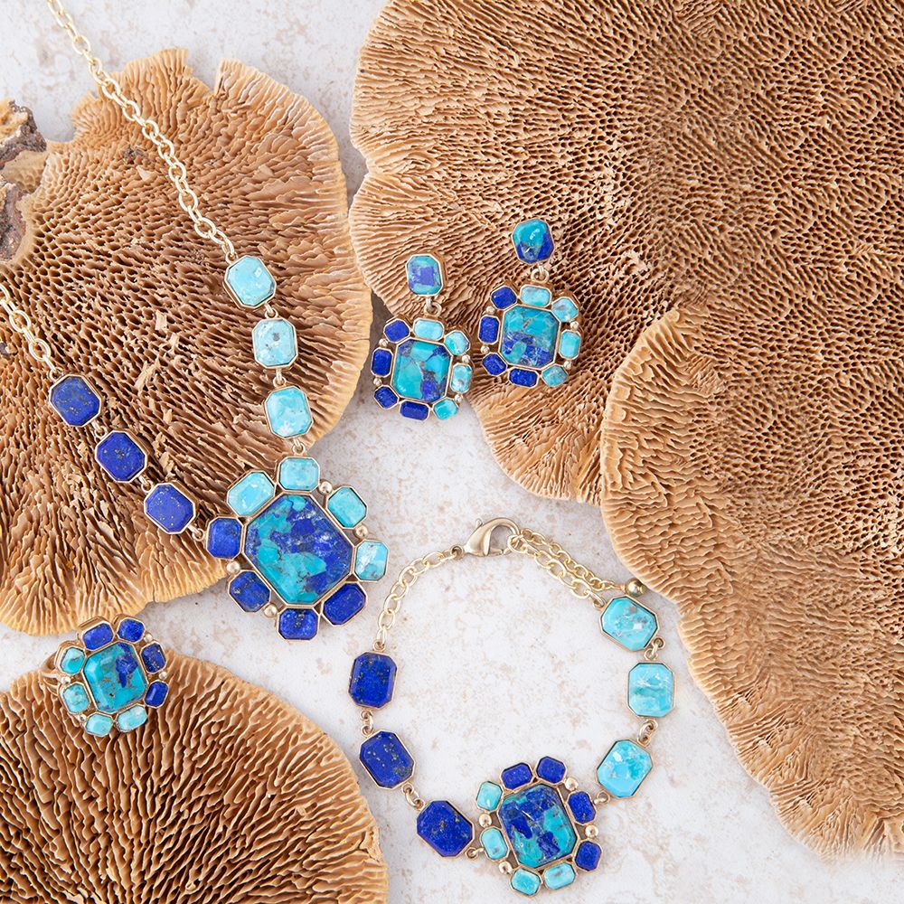 Duality blue lapis and turquoise golden pendant necklace, view 6