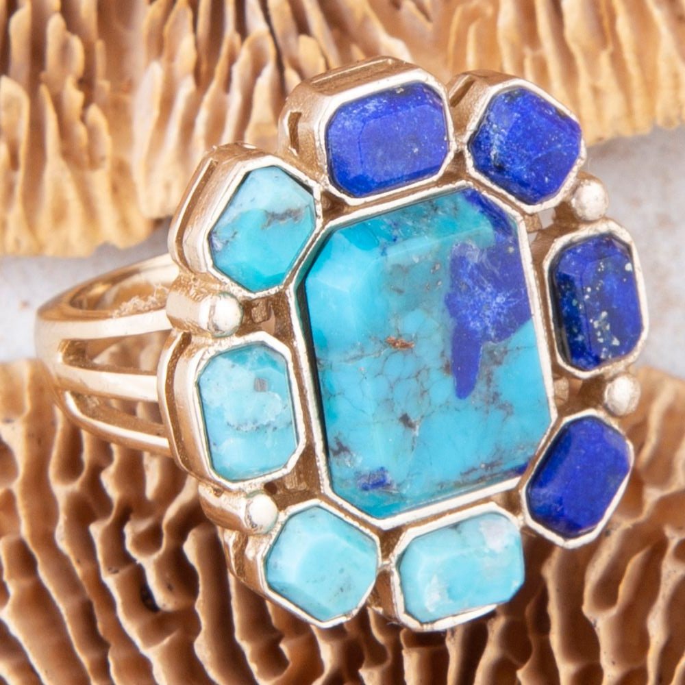 Duality blue lapis and turquoise golden statement ring, view 3